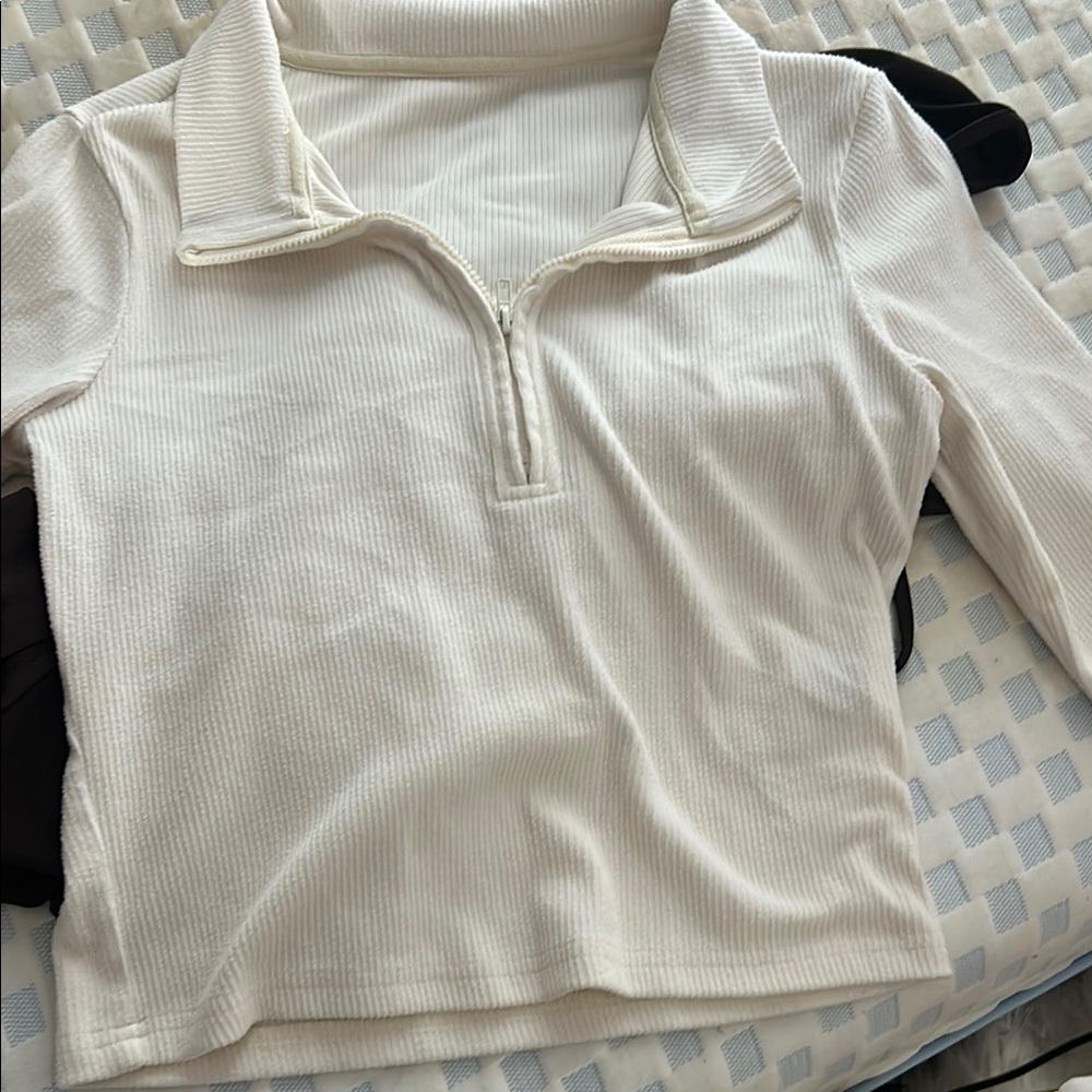 Kids White Ribbed Zip-Up Top